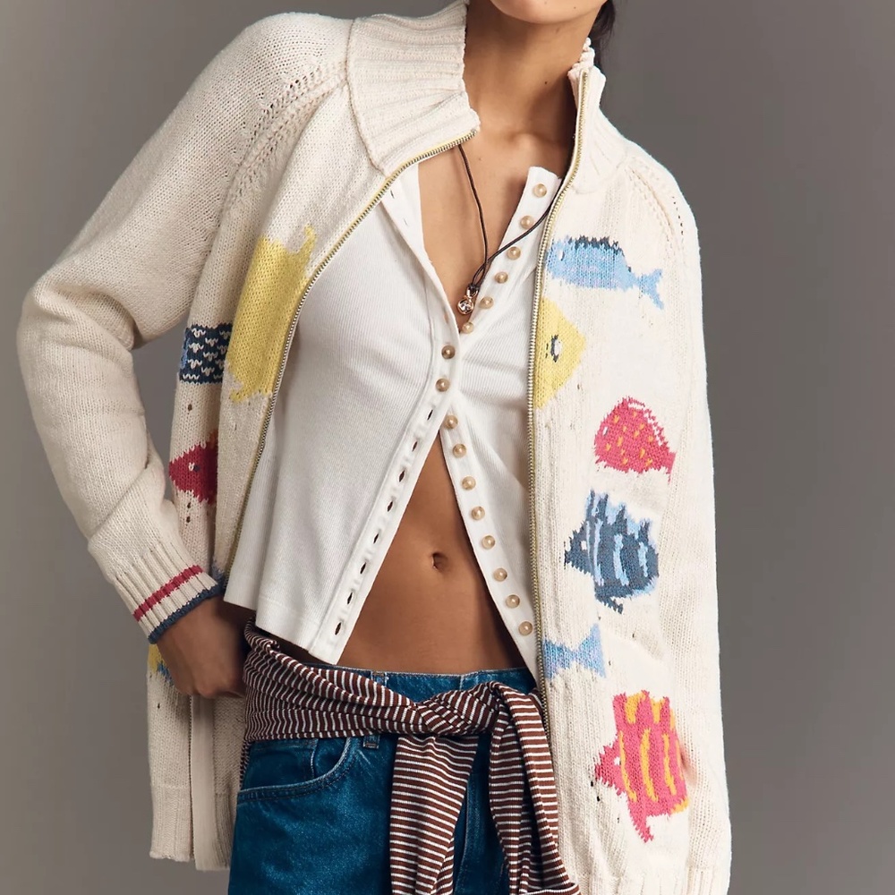 NWT Anthropologie Pilcro Fish Icon Zip-Up Sweater S